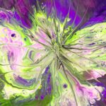 Colorful abstract painting with vibrant splashes of purple, green, and yellow hues.