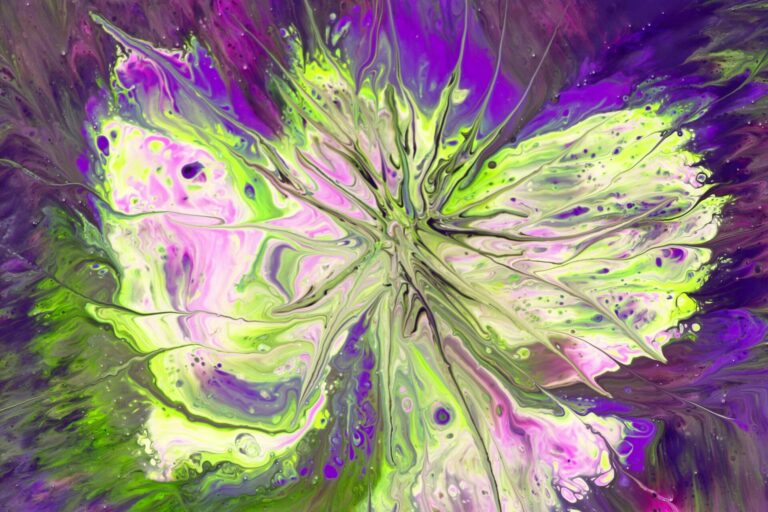 Colorful abstract painting with vibrant splashes of purple, green, and yellow hues.