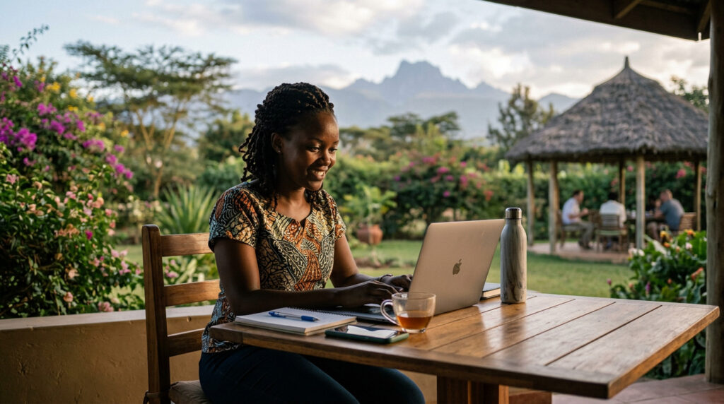 Woman typing on a laptop outdoors with notebook, phone, tea cup, and water bottle on the table
