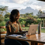 Woman typing on a laptop outdoors with notebook, phone, tea cup, and water bottle on the table