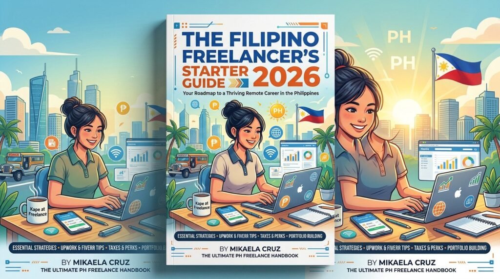 Illustrated Filipino woman working on a laptop with charts and Philippine flag