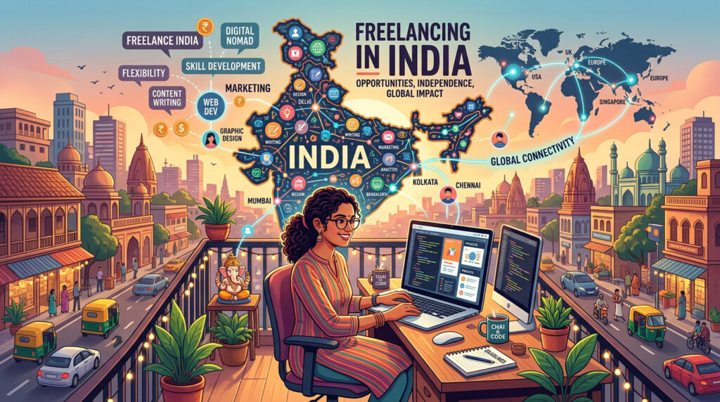 Freelancing in India map with key cities, skills like web development and graphic design, and global connectivity to USA, UK, Europe, and Singapore.